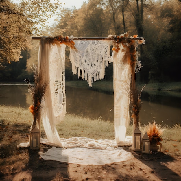 Arco de casamento Boho decorado com gaze de gaze Uma impressionante sobreposição de estúdio com vista frontal