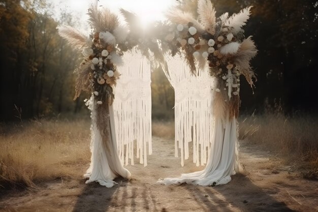 Arco de casamento Boho decorado com gaze de gaze Uma impressionante sobreposição de estúdio com vista frontal