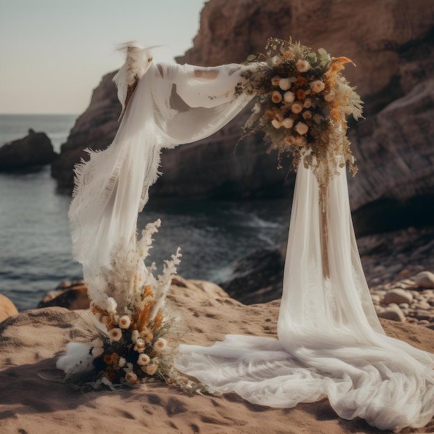 Arco de casamento Boho decorado com gaze de gaze Uma impressionante sobreposição de estúdio com vista frontal