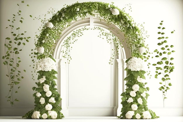 Arco de casamento branco exuberante com rosas e folhas verdes para celebração interior