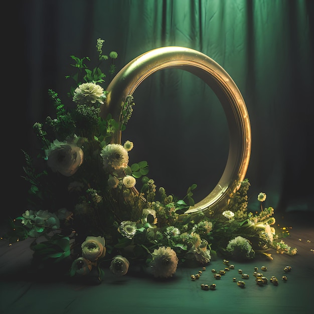 Arco de Casamento Círculo Dourado com Sobreposição de Flor Verde Impressionante Cenário de Estúdio para o seu Dia Especial