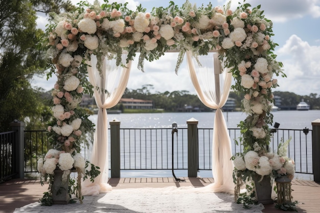 Arco de casamento com detalhes florais e rendas para um visual clássico e elegante