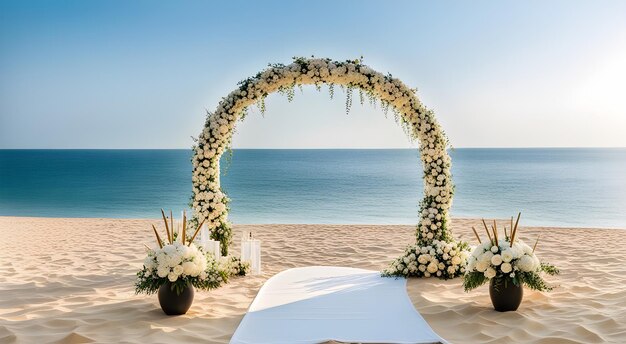 Foto arco de casamento com flores brancas no fundo do mar