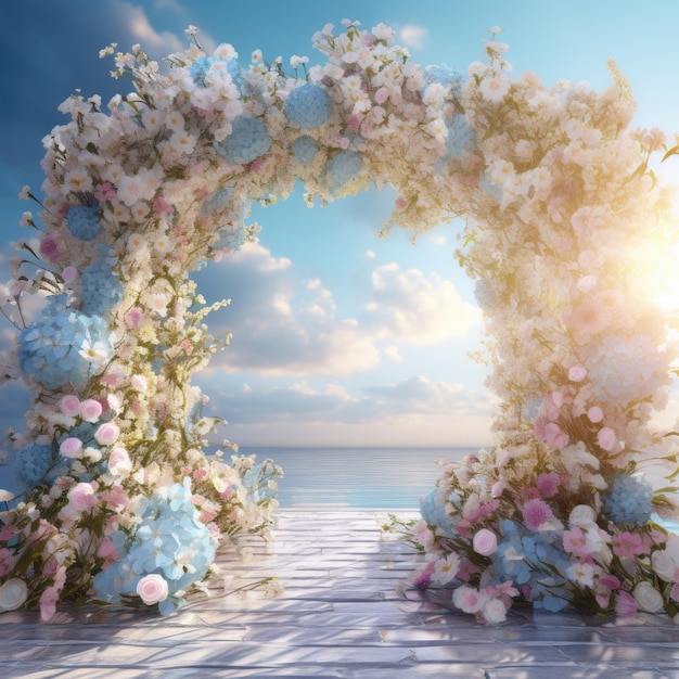 arco de casamento com flores em fundo desfocado