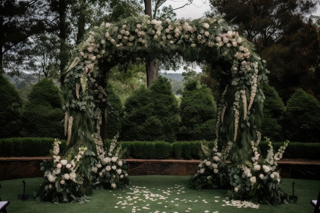 Arco de casamento com vegetação luxuriante e detalhes florais