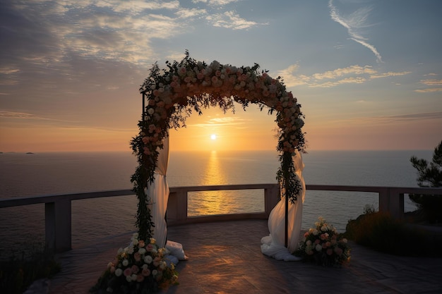 Arco de casamento com vista para o pôr do sol para um casamento romântico e memorável