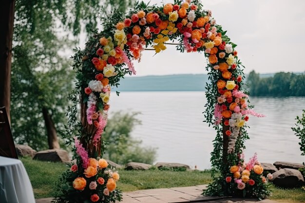 Arco de casamento decorado com arranjos florais delicados e coloridos