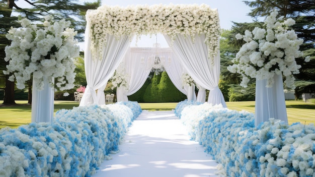 Arco de casamento decorado com flores brancas e tecido azul no parque