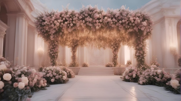Foto arco de casamento decorado com flores cerimônia de casamento renderização em 3d