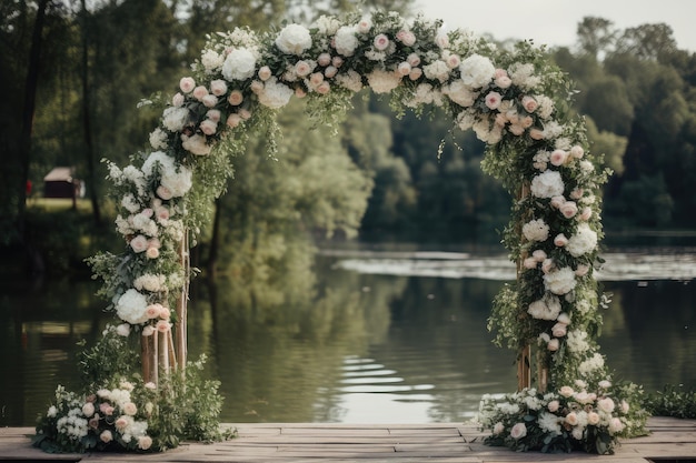 Arco de casamento decorado com flores desabrochando e vegetação