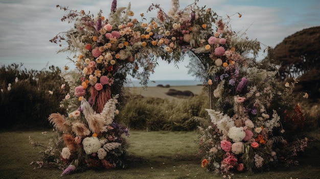 Arco de estilo rústico de cerimônia de casamento AI generativo com buquês de flores e plantas