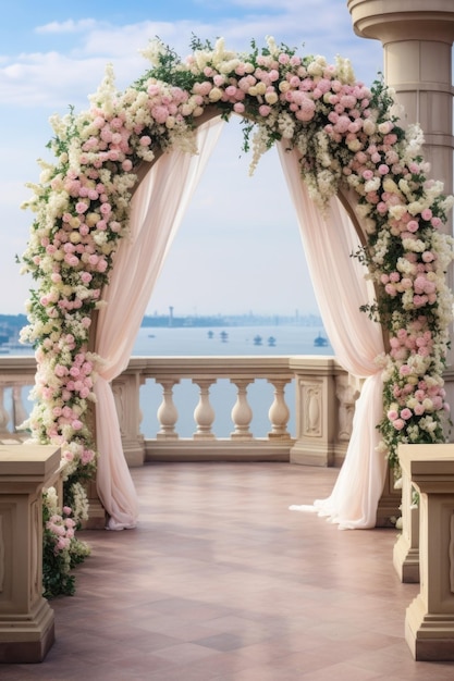 arco de flores com flores, galhos e folhas