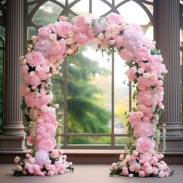 Arco de moldura para flores rosa de aniversário de casamento e vegetação no salão de banquetes gerado por IA