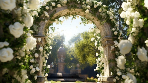 Arco de pedra decorado com flores brancas e folhas verdes em uma estátua de fundo desfocada