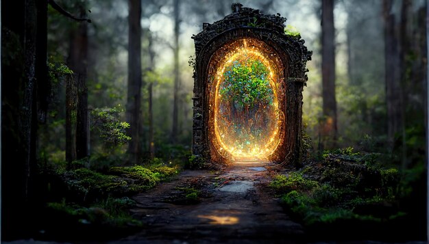 Arco de portal espetacular na floresta de fantasia Ilustração 3D de arte digital