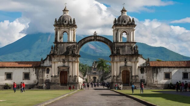 Arco de santa catalina und Vulkan de agua in Antigua, Guatemala, Zentralamerika