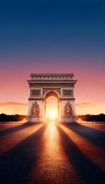 Foto arco de triunfo realista na cidade de paris ao pôr-do-sol