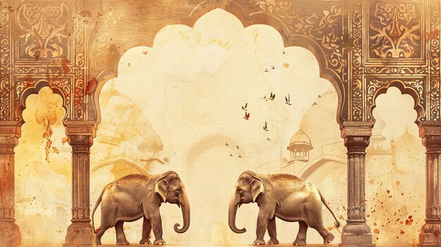 Foto arco decorativo mogol con ilustración de elefante para invitaciones de boda