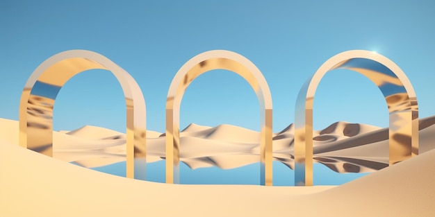 Arco en el desierto con montañas al fondo