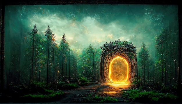 Arco do portal espetacular na floresta de fantasia Ilustração de arte digital 3D