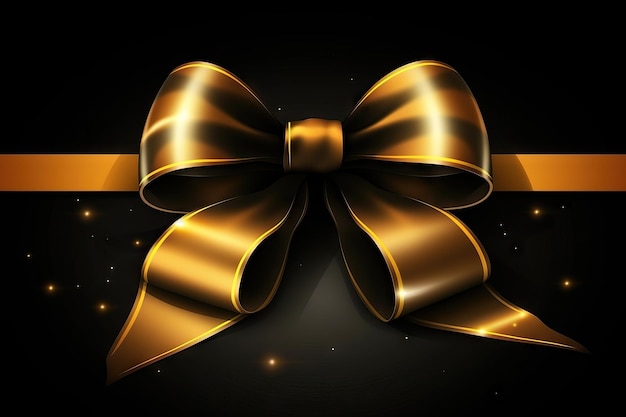 Arco dourado decorativo isolado em fundo preto Fita de cetim dourada brilhante Elemento de embrulho
