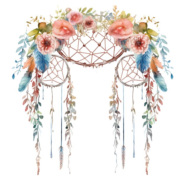Arco de enrejado de jardín con atrapasueños Metal Ga Puerta de acuarela Arte de belleza sobre fondo blanco