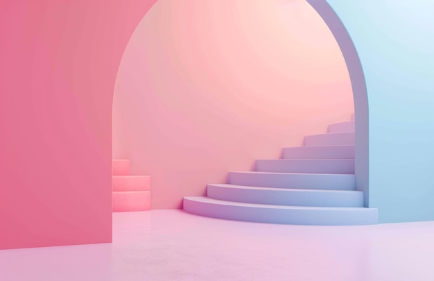 Arco y escaleras en el diseño minimalista de moda Arquitectura de fondo interior renderizado en 3D