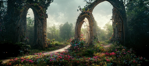 Arco espectacular en el bosque de fantasía Arte digital Ilustración 3D