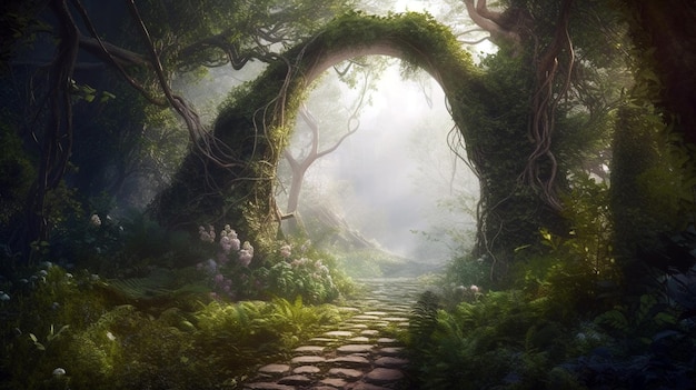 Arco espetacular coberto com videira no meio da floresta de conto de fadas de fantasia