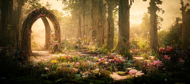 Arco espetacular na floresta de fantasia Arte digital ilustração 3D