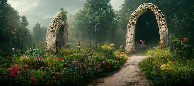 Arco espetacular na floresta de fantasia ilustração 3d de arte digital