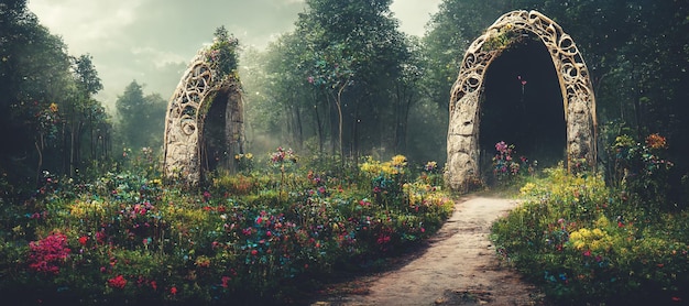 Arco espetacular na floresta de fantasia Ilustração de arte digital 3D