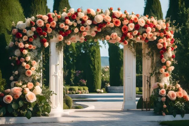 El arco está decorado con flores y la palabra novia en él