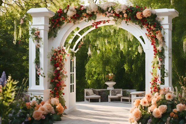 El arco está decorado con rosas y las palabras "primavera".