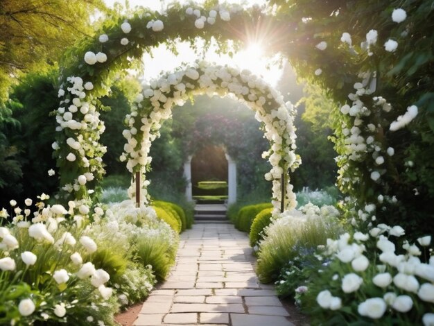 Un arco floral blanco que conduce a un jardín abierto