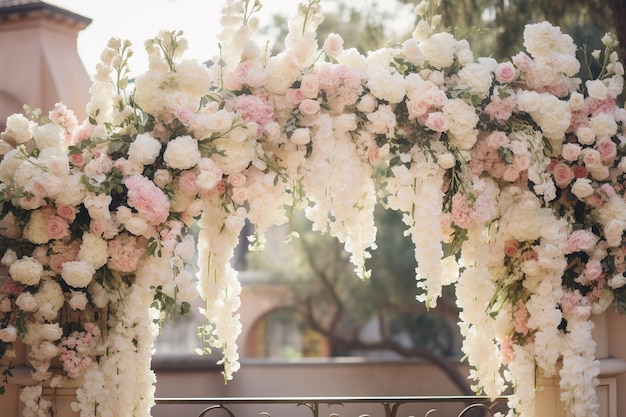 Arco floral en el lugar de la boda al aire libre a la luz del sol