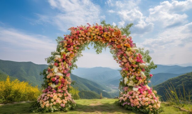 Un arco floral con una montaña al fondo.