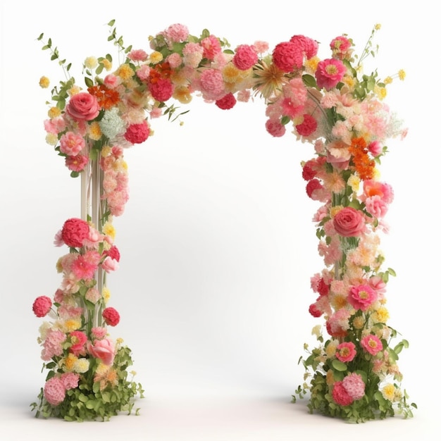 Un arco floral rosa y amarillo con tallo y hojas verdes.