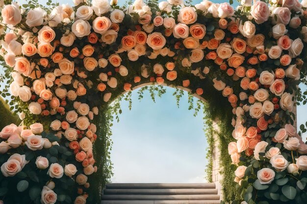 Un arco floral con rosas en el arco.