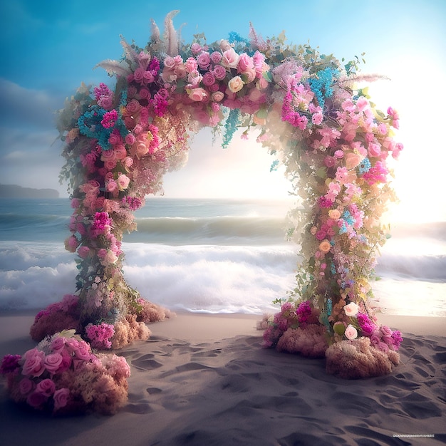 Arco de flores abstractas con juego de cortinas en la playa