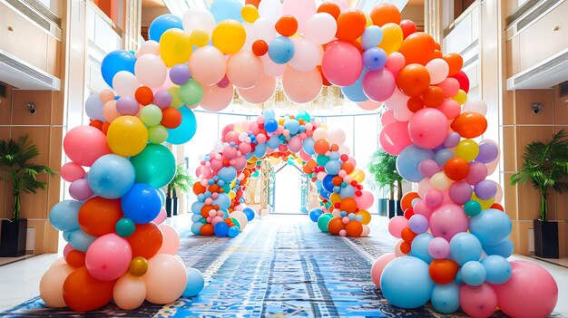 Un arco de globos de colores conduce a una habitación bien iluminada