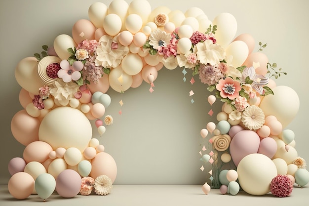 Un arco de globos con flores y un huevo rosa.