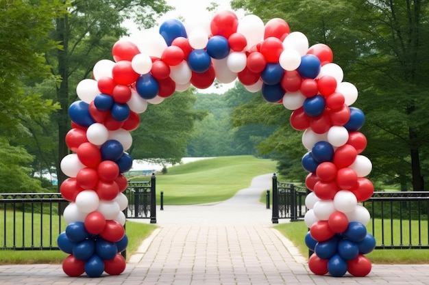 Arco de globos patriótico en un parque con colores rojo, blanco y azul IA generativa