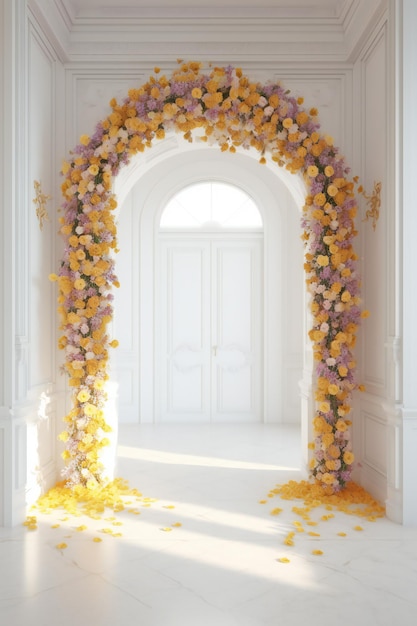 Arco de grandeza floral con rosas violetas y amarillas en un salón blanco con detalles dorados