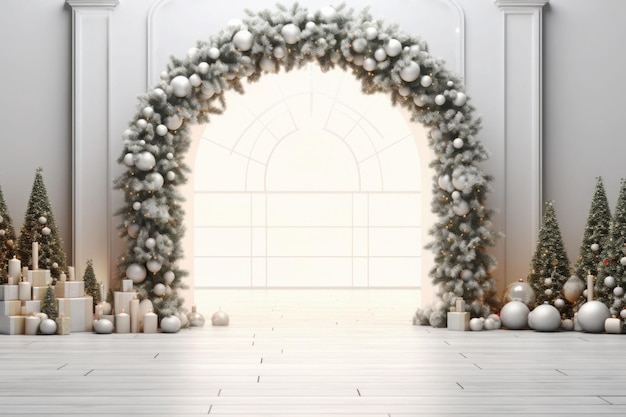 Arco hecho de bolas de árbol de navidad con decoración Adornos navideños blancos Ilustración generada por IA