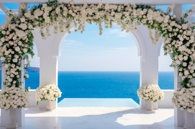 arco hecho con rosas blancas para una sala de bodas al aire libre con el mar en el fondo