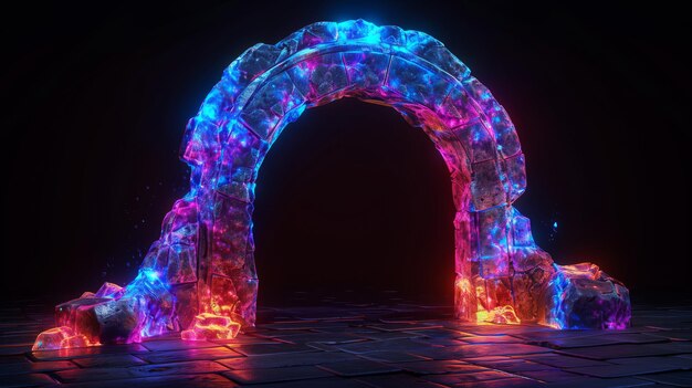 Arco iluminado en el camino de ladrillo