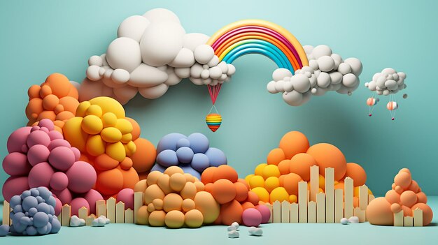 Arco-íris 3D abstrato com nuvens e balões coloridos