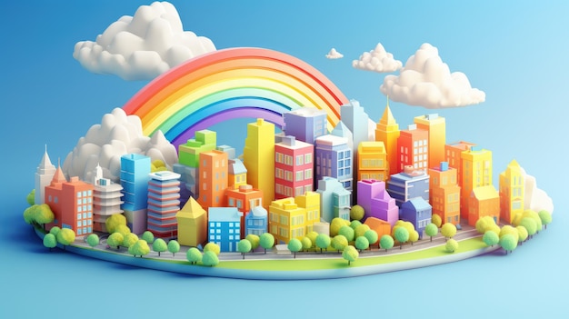 Arco-íris 3D cidade isométrica fundo vibrante