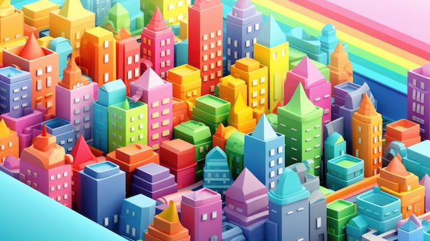 Arco iris 3d ciudad isométrica fondo vibrante